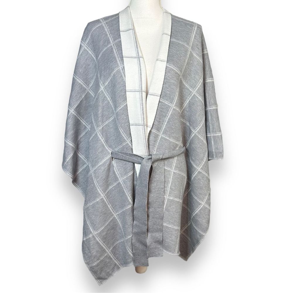Tahari Gray Plaid Women's Cardigan Tie Waist Poncho Shawl